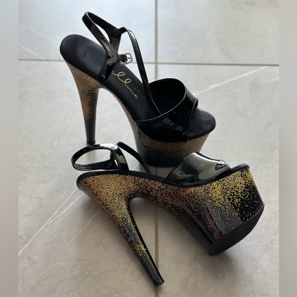 Ellie platform heels 7” size 6 black and gold